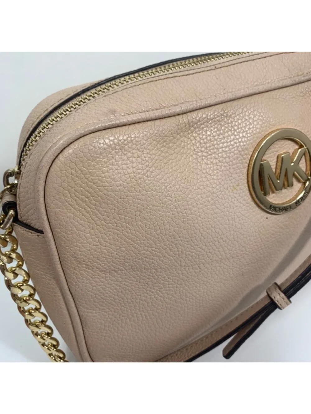 Michael Kors Fulton Blush Pink Pebbled Leather Crossbody Bag Gold Chain Strap